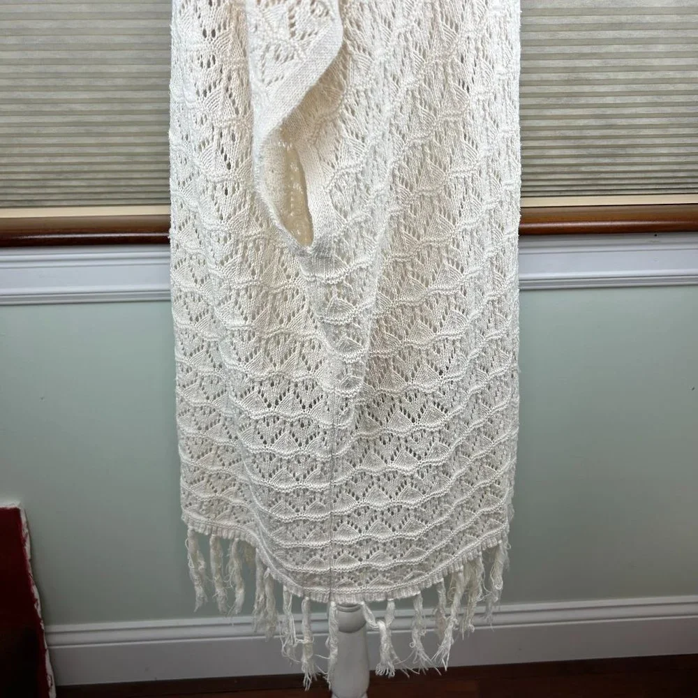LA Hearts Cotton Linen Crochet Open Knit Open Front Longline Fringed Cardigan
